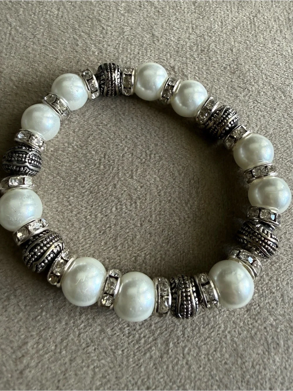Classic White Pearl and Silver Bead Stretch Bracelet